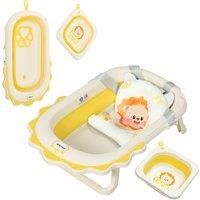 AIYAPLAY Foldable Baby Bath Tub Set with Bath Cushion, Wash Basin, Non-slip Stand & Bottom, Yellow