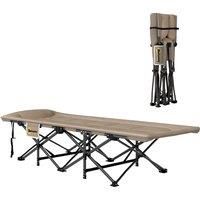 Outsunny Folding Camping Bed for Adults with Cushion, Heavy Duty Portable Travel Camping Cot with Headrest, Side Pocket and Non-Slip Foot Pads for Outdoor Beach Travel Office, Khaki