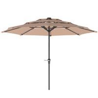 Outsunny 3-Tier Garden Parasol w/ Solar LED Lights, Tilt, Crank Handle Khaki
