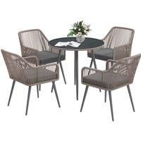 Outsunny 4 Seater Rattan Dining Set, Rattan Garden Furniture Set with Parasol Hole, Outdoor Dining Table and Chairs Set with Cushions, Round Glass Top Table for Patio, Balcony, Light Brown