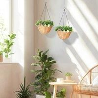 HOMCOM Pack of 2 Faux Plant Artificial Lisianthus Flowers, Hanging Planters with Basket, PE Leaves, 18 Flowers and 3 Pinecones, Decorative Faux Plants for Home Office Decor, Green