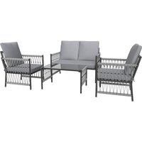 Outsunny 4 Piece Rattan Garden Furniture Set, 4 Seater Wicker Patio Conversation Set with 2 Armchairs, Loveseat, Glass Top Coffee Table and Cushions for Outdoor, Balcony, Grey