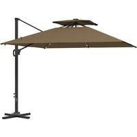 Outsunny 3.5x3 m Garden Cantilever Parasol with Solar LED Lights and Centre Light, Aluminium Large Square Patio Umbrella, UPF50+ Hanging Sun Shade with Cross Base, Crank Handle and Tilt, Khaki
