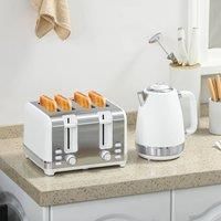 HOMCOM Stainless Steel Kettle and Toaster Set, 1.7L 3000W Rapid Boil Jug Kettle with UK Strix Thermostat, Limescale Filter, 4 Slice Toaster with 7 Browning Controls, Crumb Tray, White and Silver Tone
