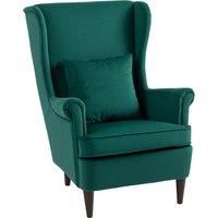 HOMCOM Modern Accent Chair, Upholstered Wingback Armchair with High Backrest and Pillow, Velvet-Feel Fabric Reading Chair with Solid Wood Legs for Living Room, Bedroom, Home Office, Dark Green