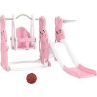 AIYAPLAY 4 in 1 Kids Slide and Swing Set with Climber, Basketball Hoop, Rabbit-Themed, Pink
