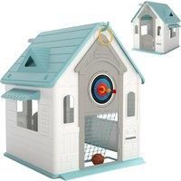 AIYAPLAY 5-in-1 Playhouse for Kids Outdoor Indoor with Basketball Hoop, Football Goal, Dartboard, Ring Toss for 2-5 Years, Beige