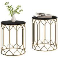 Outsunny Nesting Small Garden Table Set of 2 with Marble Effect Top, Black