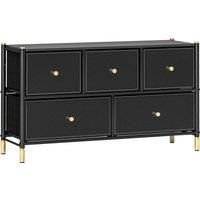 HOMCOM Chest of Drawers, 5 Drawer Fabric Dresser with PU Leather Surface, Steel Frame, Storage Organizer Unit for Bedroom Black Aosom UK