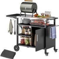 Outsunny Outdoor BBQ Trolley with Foldable Side Table, Stainless Steel Top, Outdoor Kitchen with Wheels Hooks Shelves Cabinet, Pizza Oven Table Movable Outdoor Grill Dining Cart with Cover, Black
