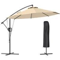 Outsunny 3(m) Garden Cantilever Parasol with Cover and Wind Protection Strap, Round Overhanging Umbrella with Crank Handle and Tilt, Banana Patio Umbrella for Outdoor Sun Shade, UPF50+, Khaki