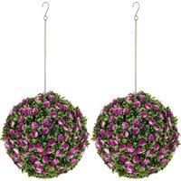 HOMCOM Set of 2 Decorative Artificial Plants, UV-protected Artificial Plant Topiary Rose Balls, Fake Plants for Home Indoor outdoor Decor, 28cm, Purple