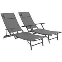 Outsunny Set of 2 Garden Sun Loungers, Folding Chaise Lounge Chairs, Grey