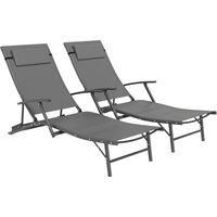 Outsunny Set of 2 Folding Sun Loungers for Garden, 4 Positions Adjustable Outdoor Chaise Lounge Chairs with Armrests, Pillows, Grey