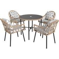 Outsunny 5 Piece Patio Rattan Dining Set, Wicker Garden Table and Chairs w/ Removable Seat & Back Cushions, Round Tempered Glass Tabletop, Parasol Hole, Outdoor Furniture Conservatory Set, Light Brown