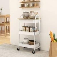 HOMCOM 3-Tier Storage Trolley with Covered Top Board, Rolling Utility Cart, Mobile Storage Cart on Wheels with Mesh Baskets for Kitchen, Living Room, Dining Room, Bedroom, Bathroom, White/Oak