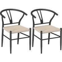 HOMCOM Set of Two Weave Dining Chairs with Y-Shaped Backrest Hemp Seat - Black/Beige