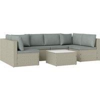 Outsunny 7 Pieces Rattan Garden Furniture Set, 6 Seater Garden Corner Sofa with Wide Seat, Cushions and Glass Top Table, Sectional Outdoor Furniture Conservatory Set for Patio, Light Brown
