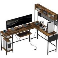 HOMCOM 160cm Reversible L Shaped Desk with Power Outlet, Industrial Corner Desk with Storage Shelves and Keyboard Tray, Rustic Brown
