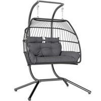 Outsunny Rattan Double Hanging Egg Chair with Stand, Cushion, Dark Grey