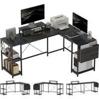 HOMCOM 168cm Reversible L Shaped Desk, Industrial Corner Computer Desk with Adjustable Shelf and Storage Bag, 240cm 2 Person Desk with Monitor Stand, Black