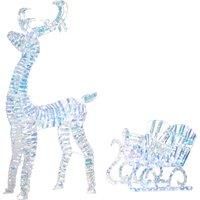 Outsunny Lighted Christmas Reindeer with Sleigh, Outdoor Yard Reindeer with 170 Warm White LED Lights, Holiday Decor with Stakes, Waterproof, Silver