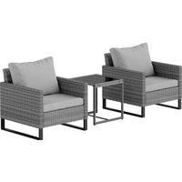 Outsunny 3 Pieces Rattan Bistro Set with 4 Cushions, Wicker Garden Furniture Set, Glass Top Coffee Table and Chairs for Outdoor Patio, Balcony, Terrace and Conservatory, Grey