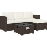 Outsunny Five Piece Rattan Garden Furniture Set with Gas Fire Pit Table and Footstool - Brown and Cream White