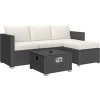 Outsunny Five Piece Rattan Garden Furniture Set with Gas Fire Pit Table and Footstool - Black and Cream White