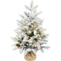 HOMCOM 60 cm Prelit Small Christmas Tree with 35 LED Lights, Snow Flocked Tabletop Mini Xmas Tree with Pine Cones, Berry Clusters and Linen Cover Base, Battery Operated, Green