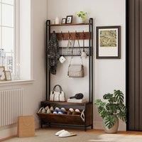 HOMCOM Coat Rack with Shoe Storage Bench and Grid Panel, Hall Tree, 5-In-1 Industrial Coat Rack Stand with Shoe Cabinet and 10 Hooks for Hallway, Entryway, Living Room, Rustic Brown