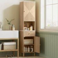 HOMCOM 168 cm Tall Bathroom Cabinet, Freestanding Slim Bathroom Storage Cabinet with Silent-Glide Drawer, Adjustable Shelves, 2 Cupboards and Groove Doors, Oak