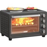 HOMCOM 28L Mini Oven with 2 Hot Plates, Countertop Toaster Oven, Grill, Roast, Bake, Boil, with Timer, Adjustable Temperature, 2600W, Black