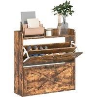 HOMCOM Two Flip Drawer Narrow Shoe Cabinet with Adjustable Shelves - Rustic Brown