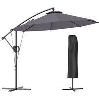 Outsunny 3(m) Garden Cantilever Parasol with Cover and Wind Protection Strap, Round Overhanging Umbrella with Crank Handle and Tilt, Banana Patio Umbrella for Outdoor Sun Shade, UPF50+, Grey