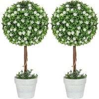 HOMCOM Set of 2 Decorative Artificial Plants, Ball Topiary Tree with Rose Flower in Pot, Fake Plants for Home Indoor Outdoor Decor, 60cm, White