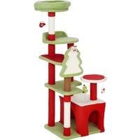 PawHut Cat Tree, 120cm Christmas Cat Tower with 3 Scratching Posts, Scratching Board, 2 Perches, Platforms, Toys, Green
