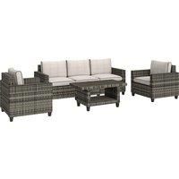 Outsunny 6 Pieces Rattan Garden Furniture Set, 5 Seater Wicker Outdoor Furniture Set with 2 Armchairs, Steel Frame Coffee Table and Cushions for Balcony, Porch, Light Grey