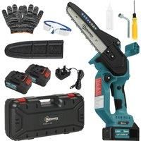 Outsunny 8 Inch Electric Chainsaw, Cordless Chain Saw with Brushless Motor, 2 4.0Ah Batteries and Safety Lock, Handheld Portable Wood Pruning Saw for Trimming Cutting, Blue