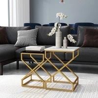 HOMCOM Nest of Tables Side Table Set of 2 with Marble-Like Top, Coffee Table Set with Foot Pads, Steel Frame and MDF Top for Living Room Bedroom Office, Black/White