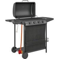 Outsunny 4+1 Burner Gas BBQ Grill, Portable Gas Barbecue Grill with Built-in Thermometer, Lid, Side Table, Shelf, Spice Rack, Wheels, Grease Cup for Garden Party Outdoor Cooking, Black