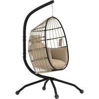 Outsunny Hanging Egg Chair Outdoor Indoor Garden Swing Chair with Folding Basket and Thickened Cushion, Garden Hanging Chair with Stand, Headrest, Cup Holder for Patio, Balcony, Khaki