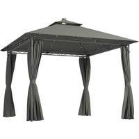 Outsunny 3 x 3m Garden Gazebo, Double Roof Metal Gazebo with Curtains and Solar-Powered LED Lights for Patio, Deck, Dark Grey