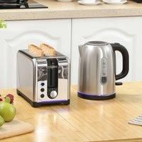 HOMCOM Kettle and Toaster Set, 1.7L 3000W Rapid Boil Jug Kettle with Otter Thermostat, Limescale Filter, 2 Slice Toaster with 7 Browning Controls, Crumb Tray, Silver Tone