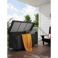 Outsunny 627 L Rattan Garden Storage Box, Outdoor Garden Cushion Storage Box with Gas Lift Lid and Wheels, Outdoor Rattan Chest Container for Cushions, Pillows and Tools, Black
