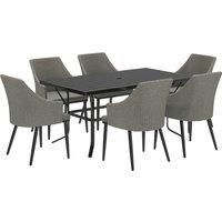 Outsunny 6 Seater Rattan Dining Set with Cushions, Garden Furniture Set with Armchairs, Rectangle Slatted Table Top, Steel Frame, Parasol Hole, Wicker Outdoor Furniture for Patio, Balcony, Grey