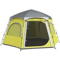 Outsunny Instant Camping Tent, 2/3/4 Person Easy Setup Family Tent with Vestibule, Rainfly, 4 Mesh Windows & 2 Doors, Hexagonal Design, Waterproof UV Protected Dome Tent, Yellow Green