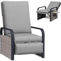 Outsunny Rattan Garden Recliner Chair, Reclining Rattan Chair with Adjustable Backrest and Footrest, Outdoor Lounge Sun Lounger with Cushion, Side Tray and Aluminium Armrests, Light Grey/Dark Grey