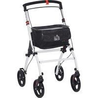 HOMCOM Folding Upright Rollator Walker with Lightweight Walking Frame, Storage Bag, Tray, Dual Brakes, Adjustable Handle Height, Mobility Aid Rolling 4 Wheeled Walker for Seniors, White