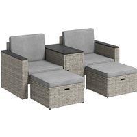 Outsunny 5 Piece Rattan Garden Furniture Set, Nesting Outdoor Furniture Conversation Set with 2 Footstools, WPC Storage Coffee Table and Cushions, Wicker Garden Sofa for Conservatory, Terrace, Grey